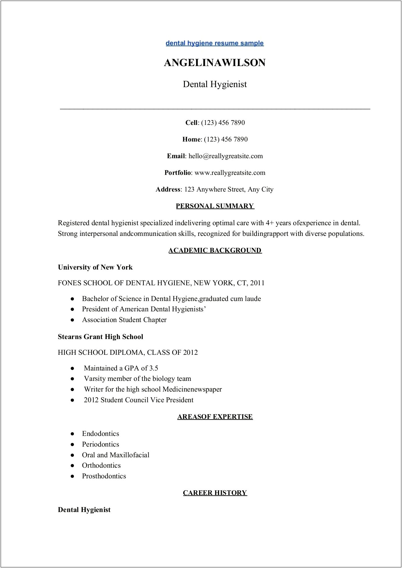 Dental Hygiene Resume With Picture Template