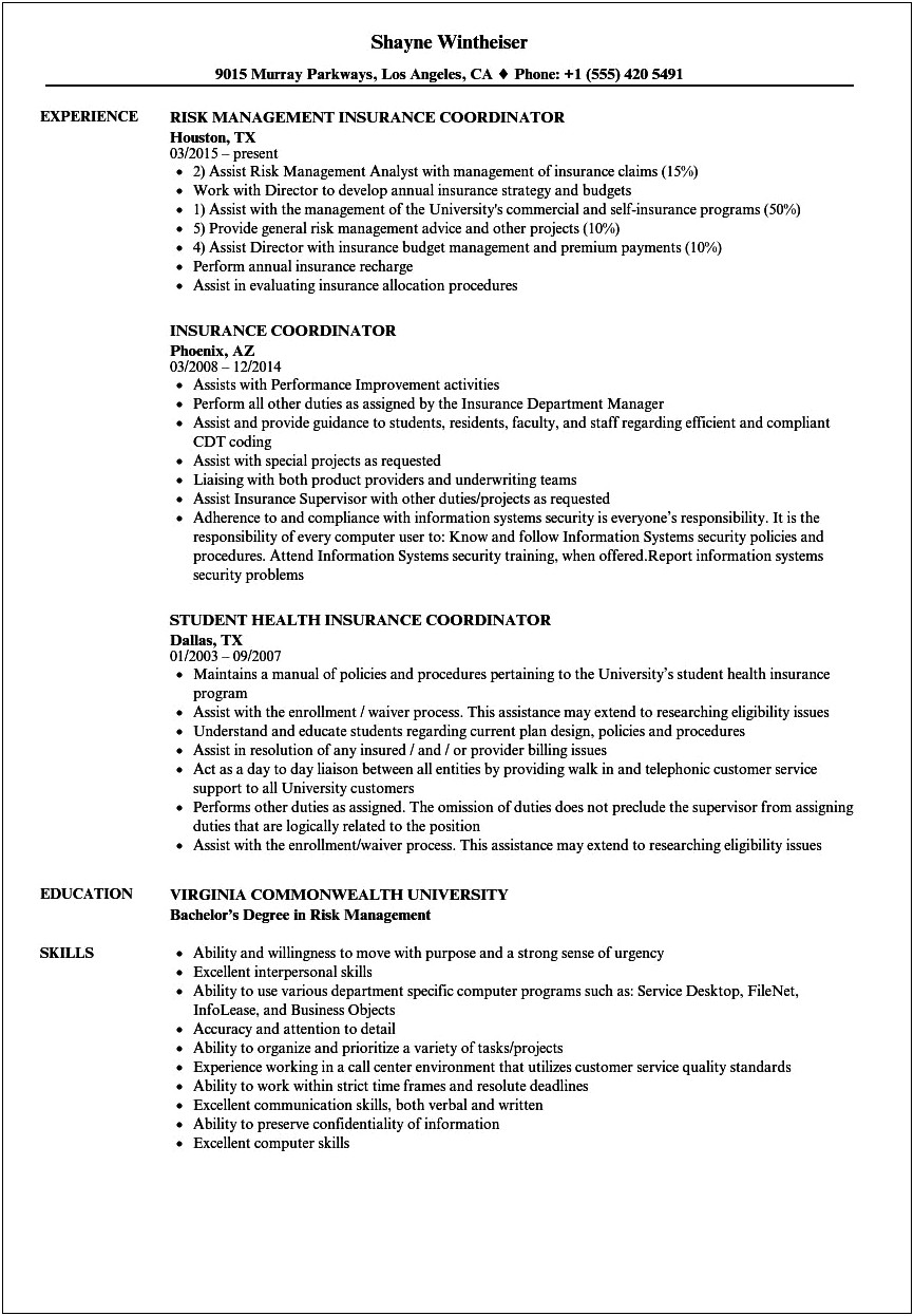 Dental Insurance Coordinator Job Description For Resume
