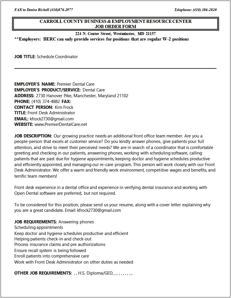 Dental Scheduling Coordinator Job Description Resume