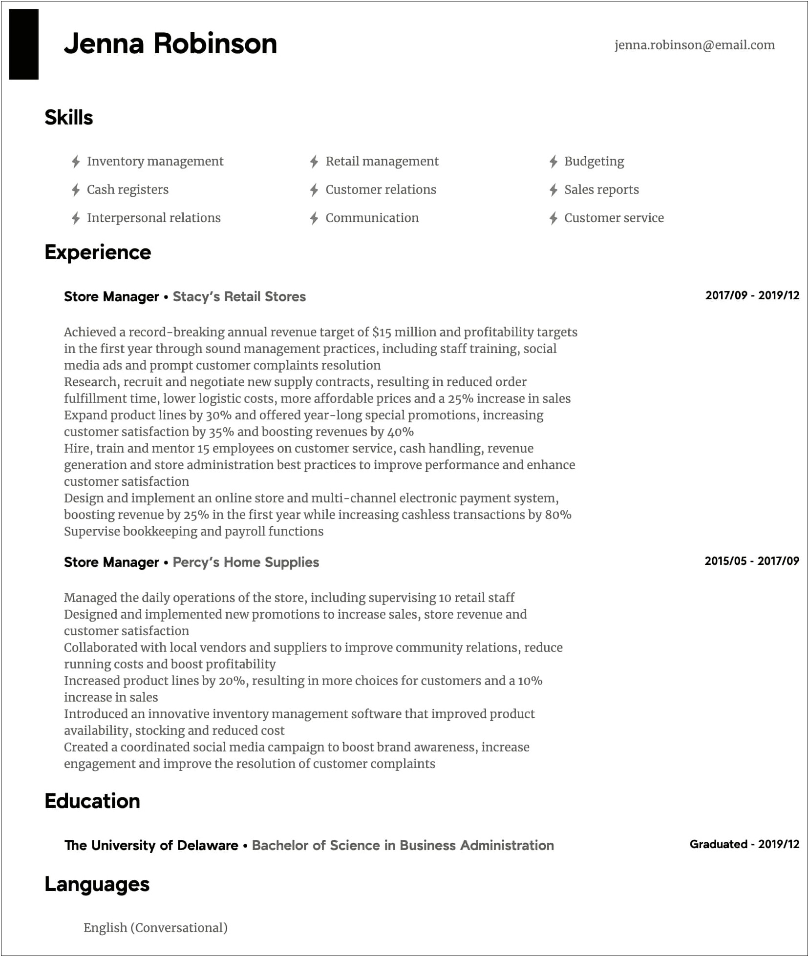 Department Store Manager Resume Example