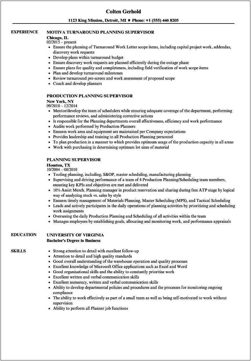 Deployment Planner Supervisor Objective Resume