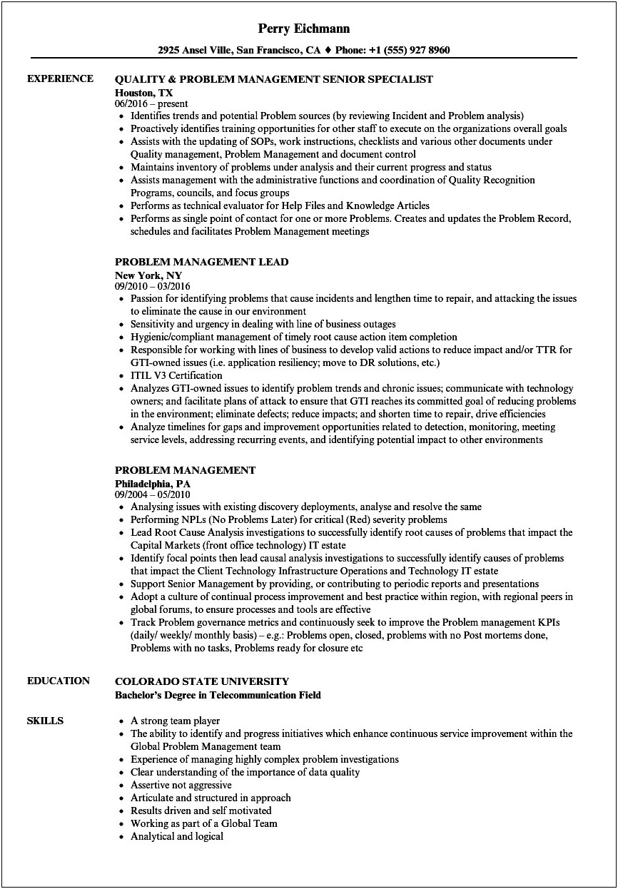 problem solving summary for resume