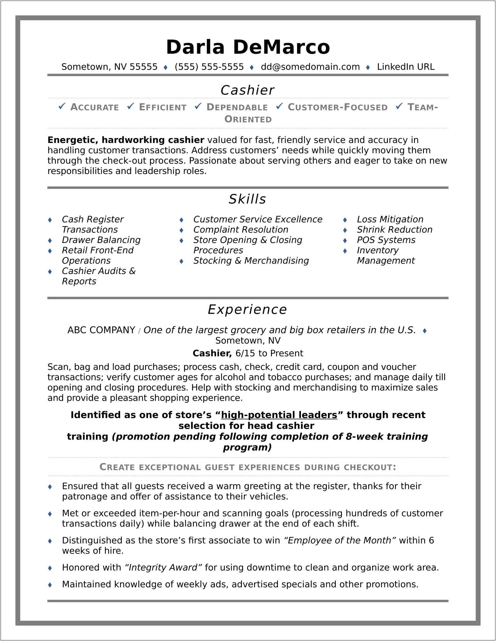 Description Cashier Job On Resume