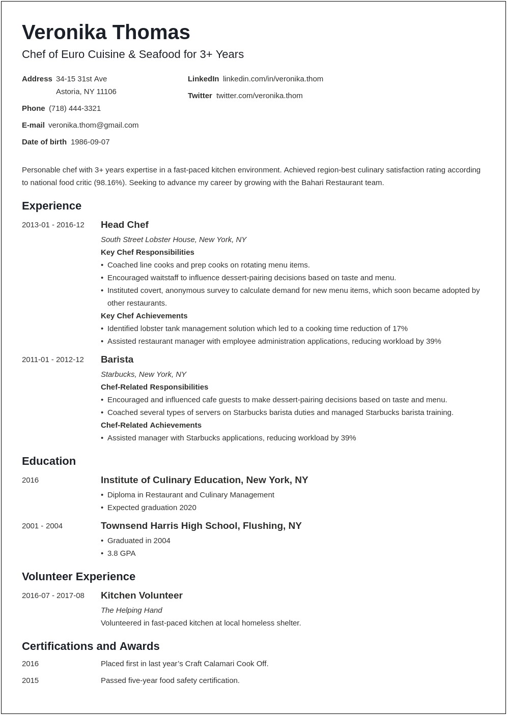 Description For A Pastry Chef Resume