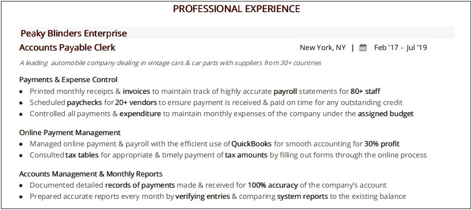 Description For Accounts Payable On Resume