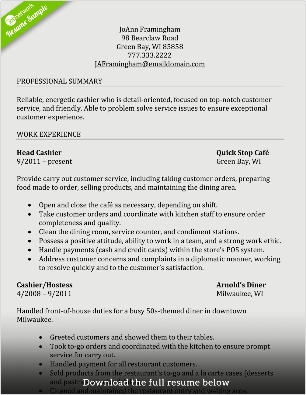 Description Of Cashier In Fastfood Duties For Resume