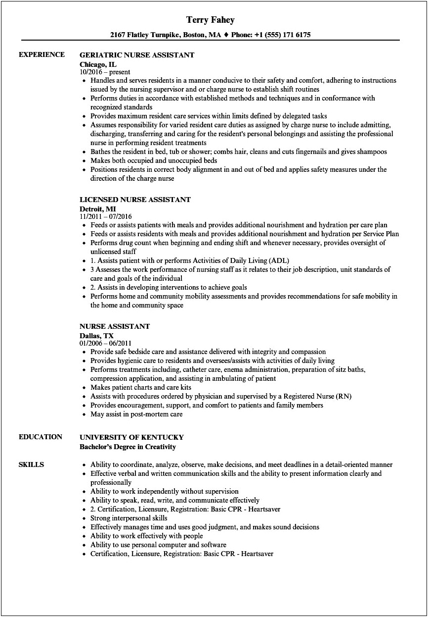 Description Of Certified Nursing Assistant For Resume