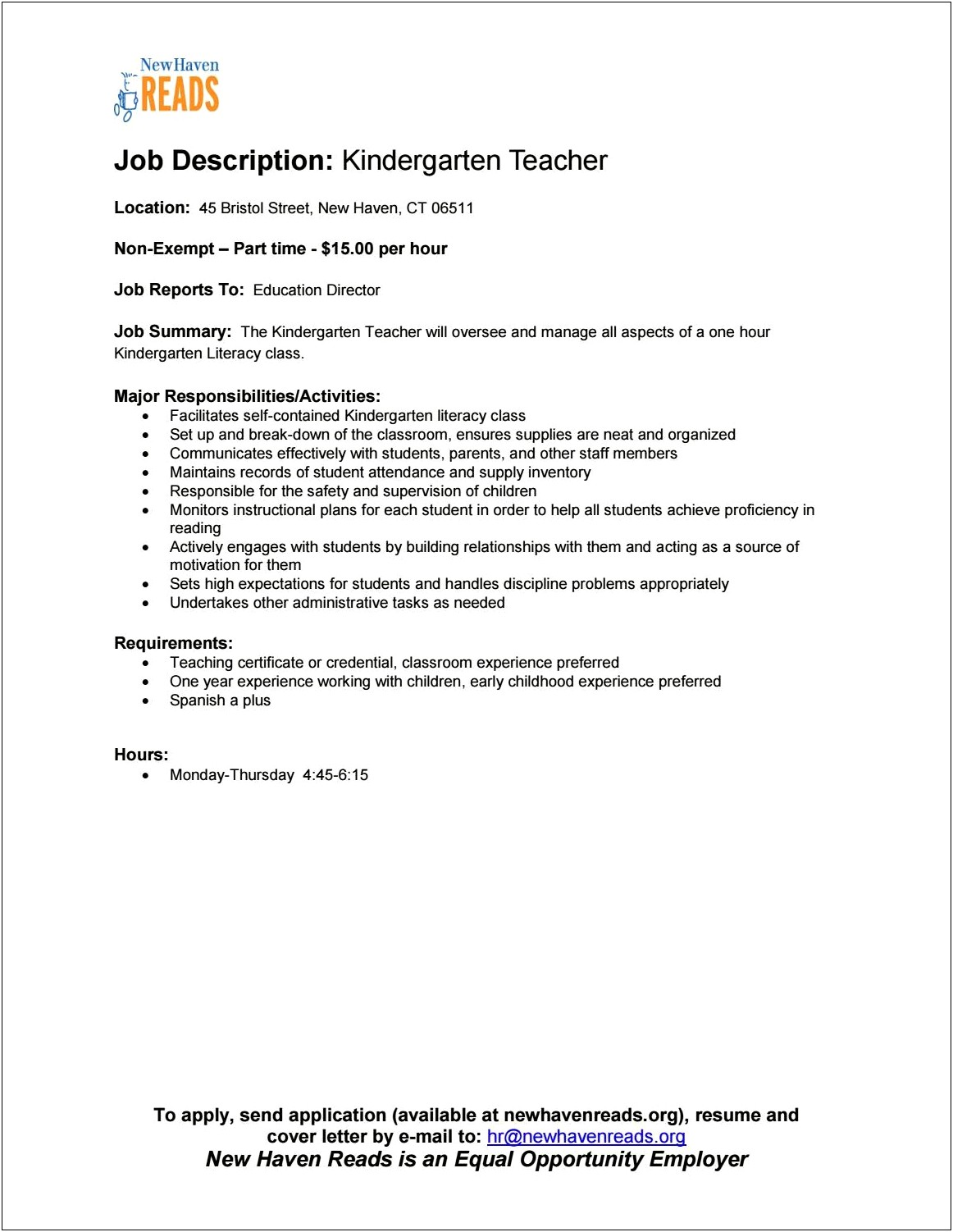 Description Of Kindergarten Teacher Duties For Resume