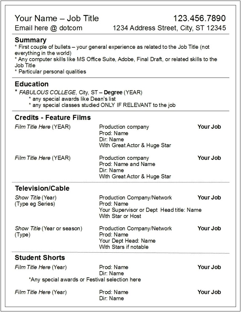 Description Of Movies You Worked On On Resume