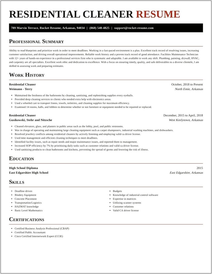 Description Of Residential Cleaning Service For Resume
