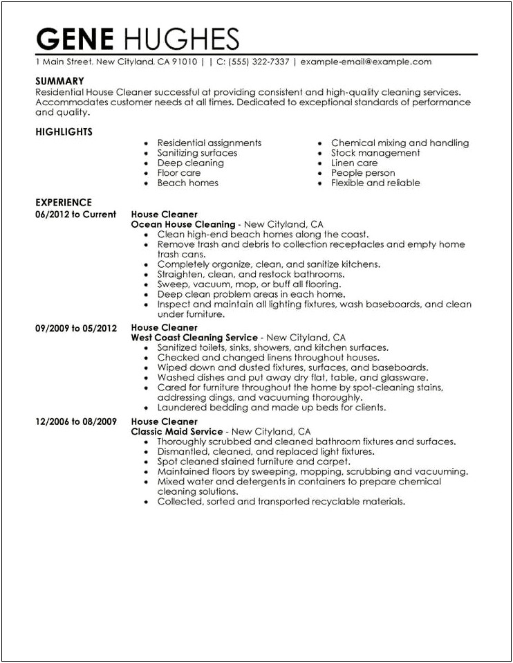 Description Of Residential Cleaning Service Owner For Resume
