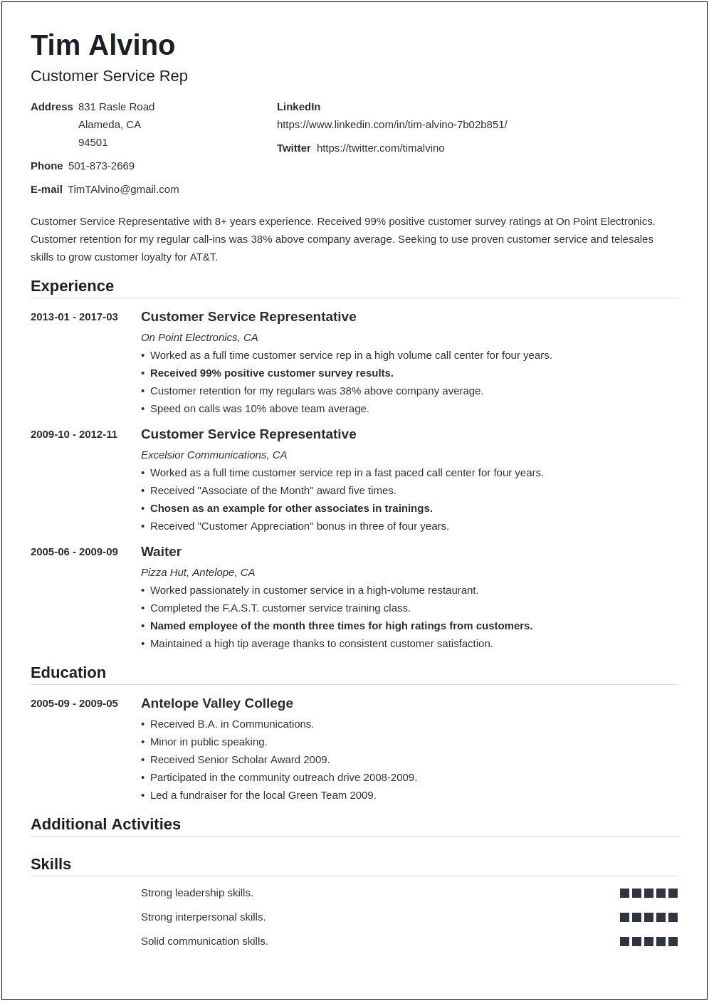 Description Of Resume For Customer Service