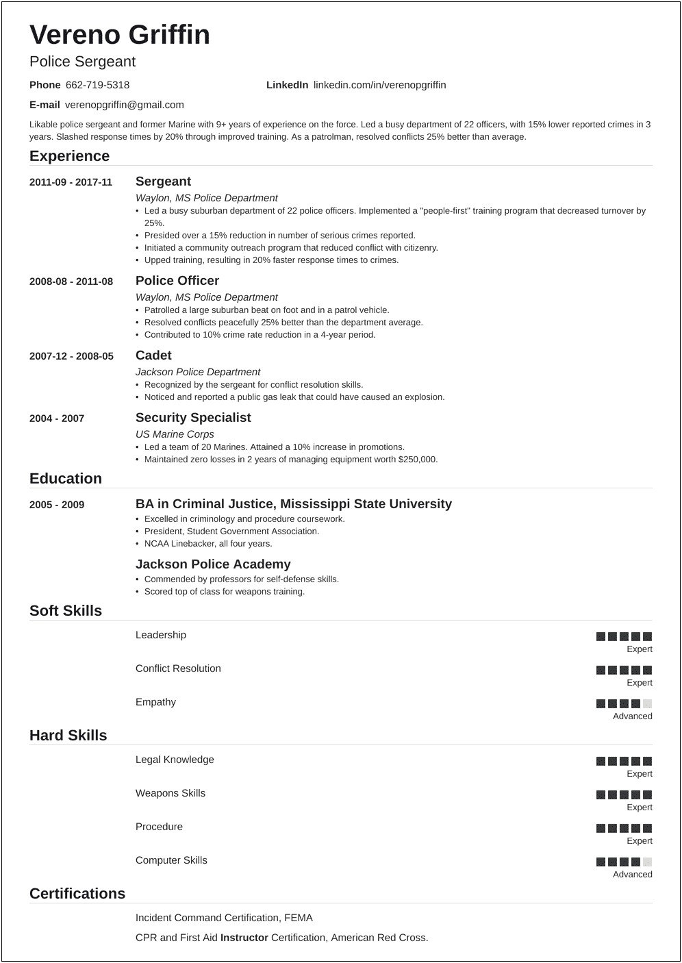 Description Of Work Experience Resume Police Officer Example