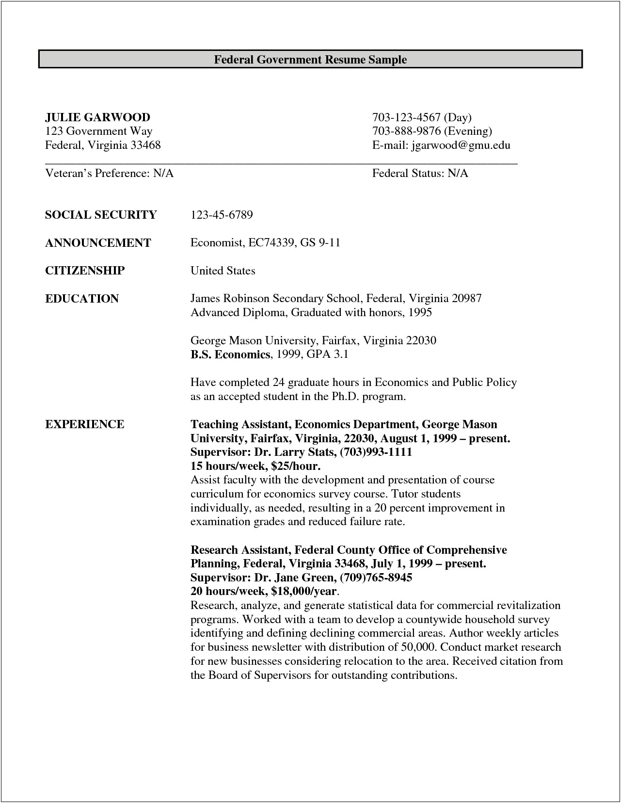 Detailed Resume Example Government Job