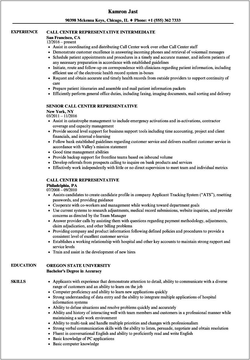 Detailed Resume Skills For Call Center Re