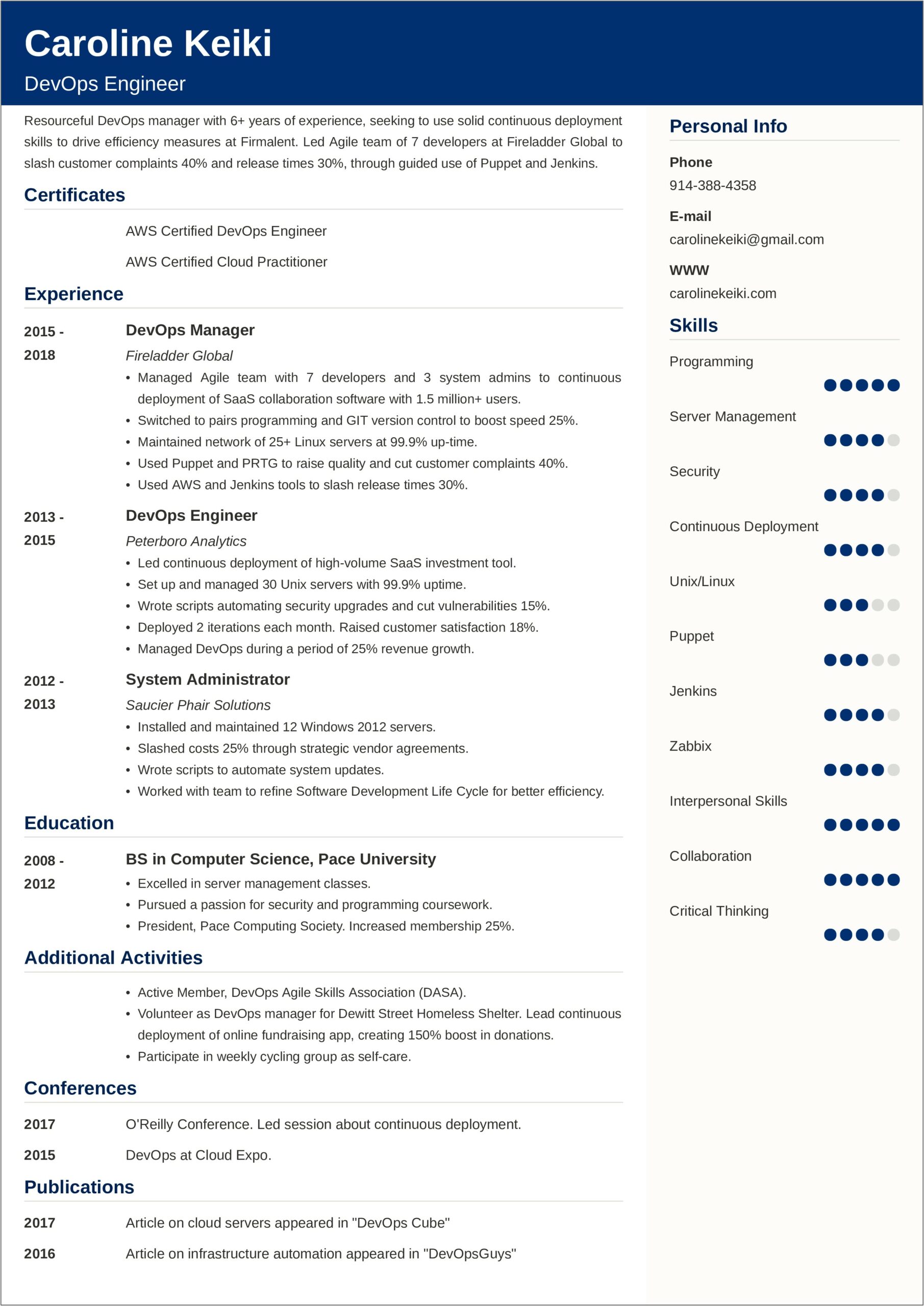 Devops Entry Level Sample Resume