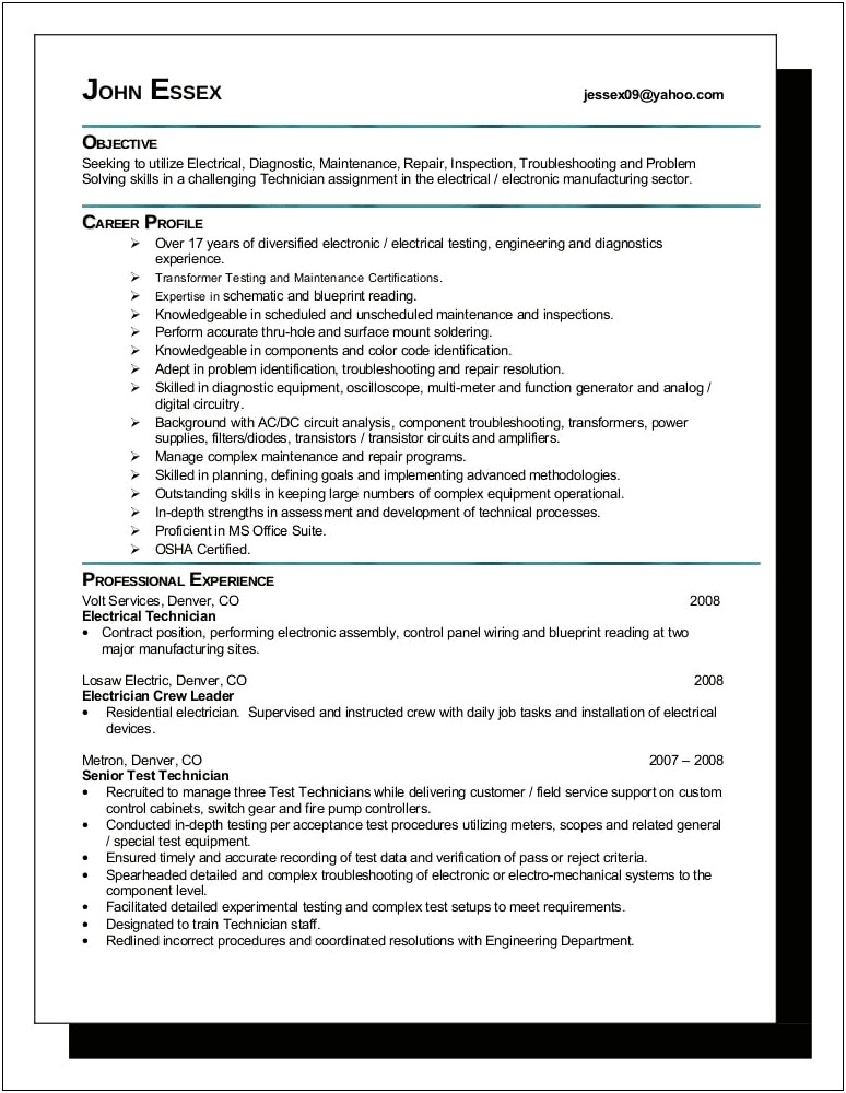 Diagnostics Maintenance And Repair Resume Description