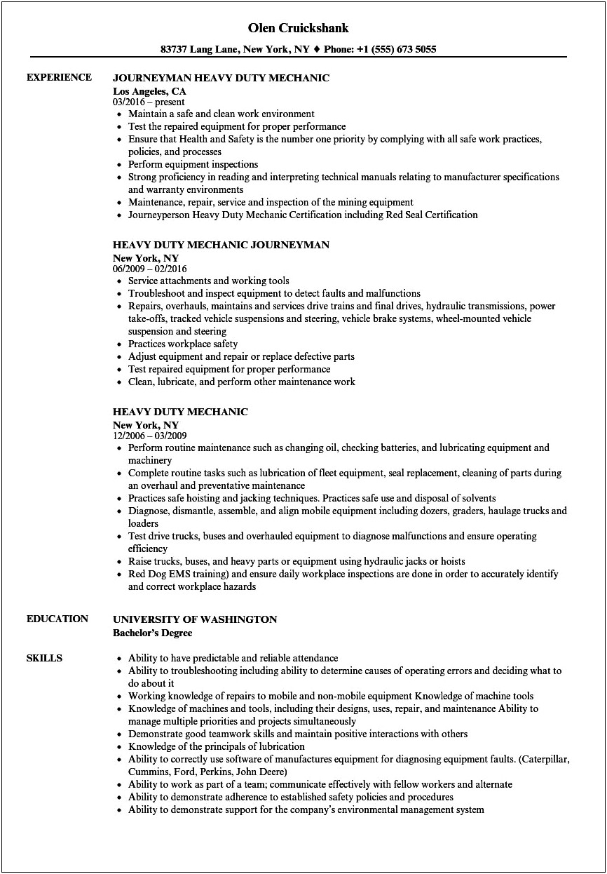 Diesel Technician Job Description For Resume