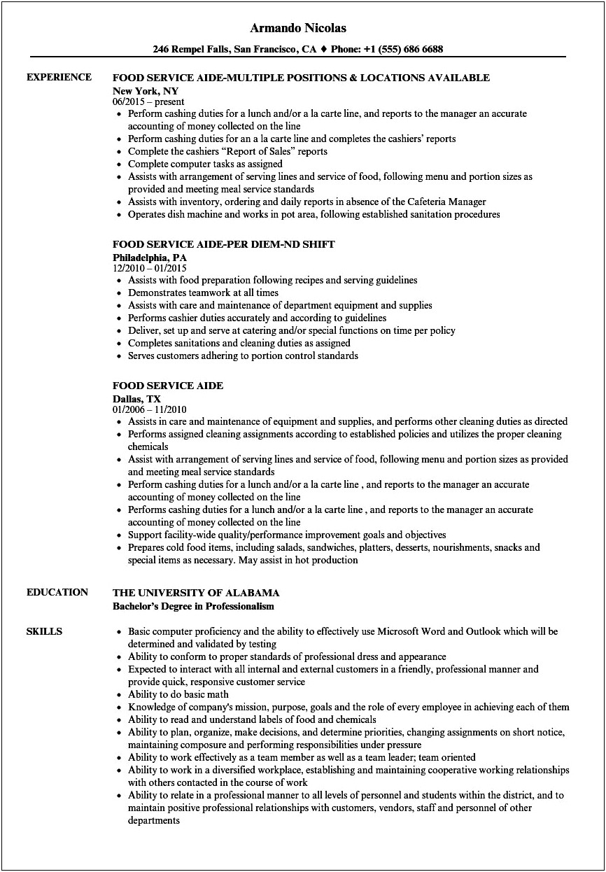Dietary Aide Resume Objective Examples