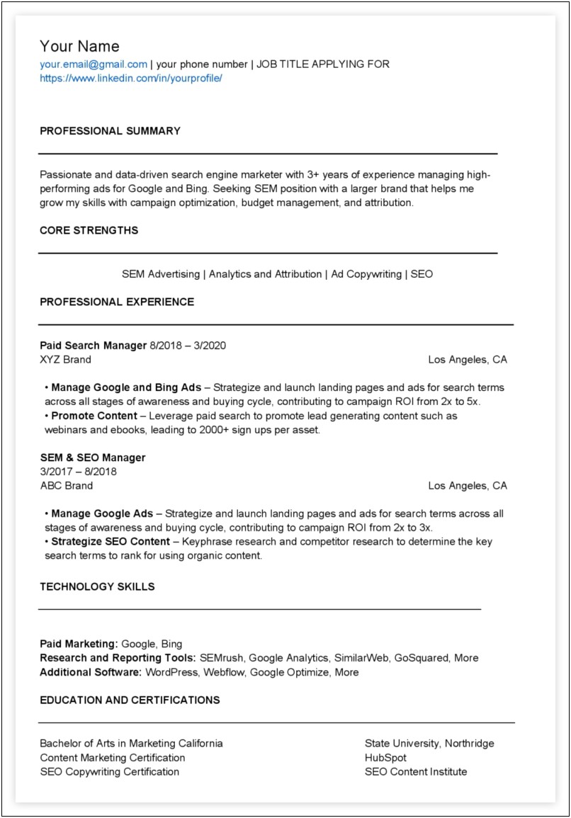 Digital Marketing Job Description Resume