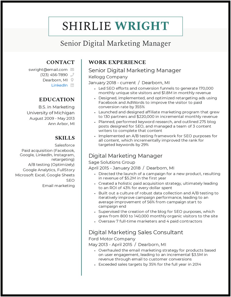 Digital Marketing Manager Resume Description