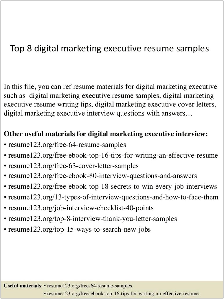 Digital Marketing Resume Samples For Freshers