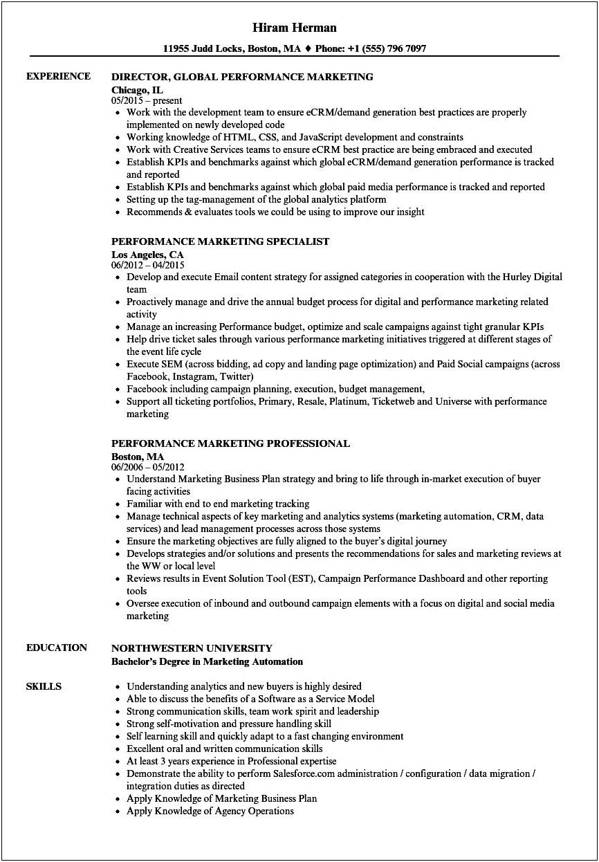 Digital Marketing Resume With Marketing Automation Experience