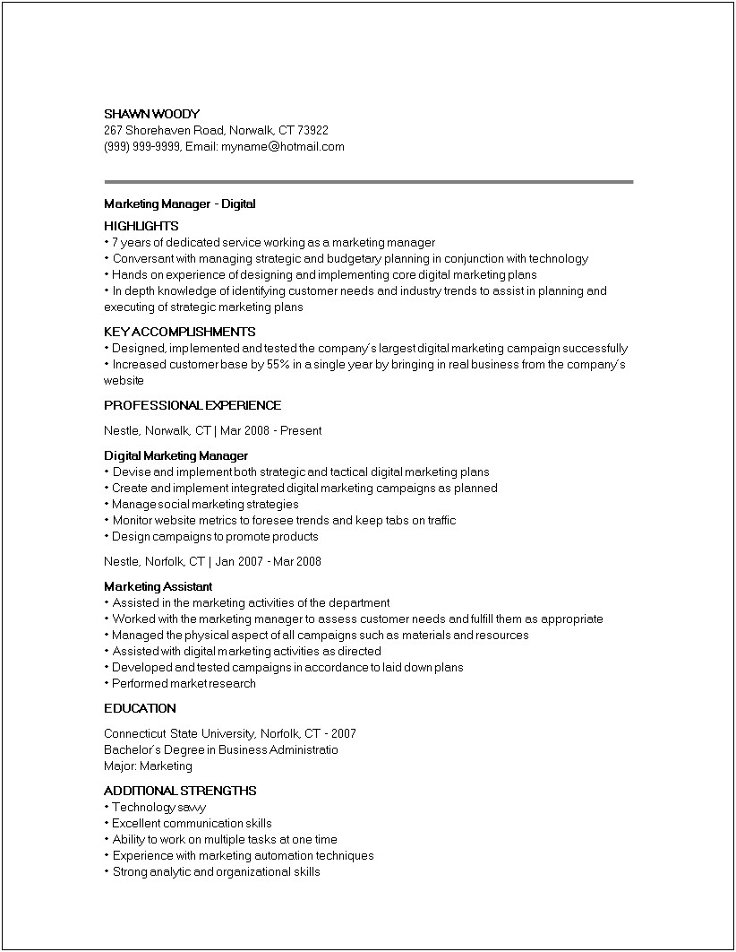 Digital Marketing Specialist 1 Year Experience Resume Example