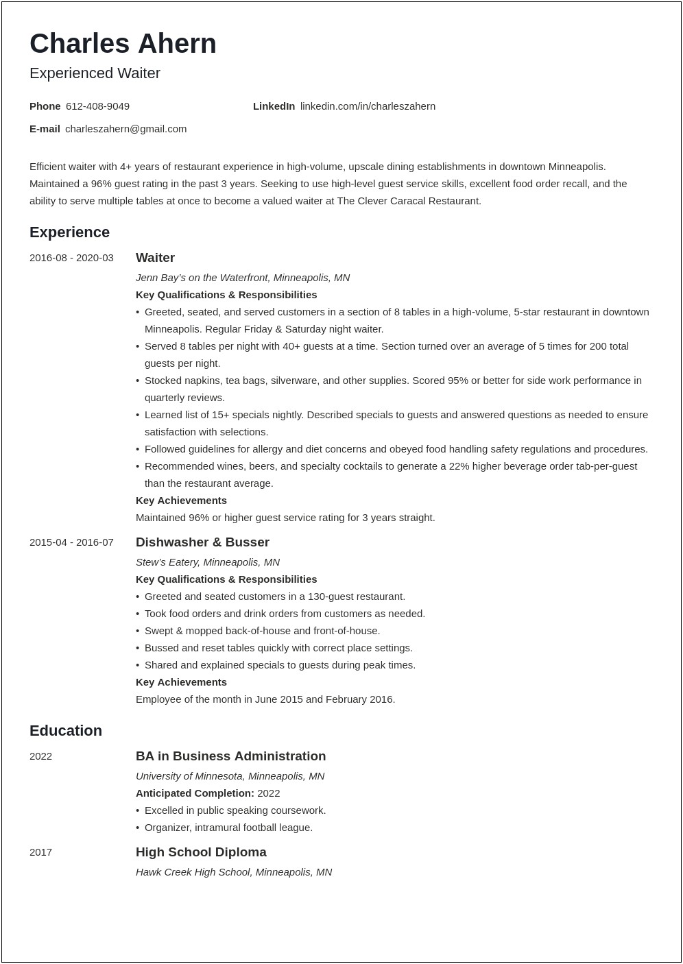 Dining Room Server Job Description Resume