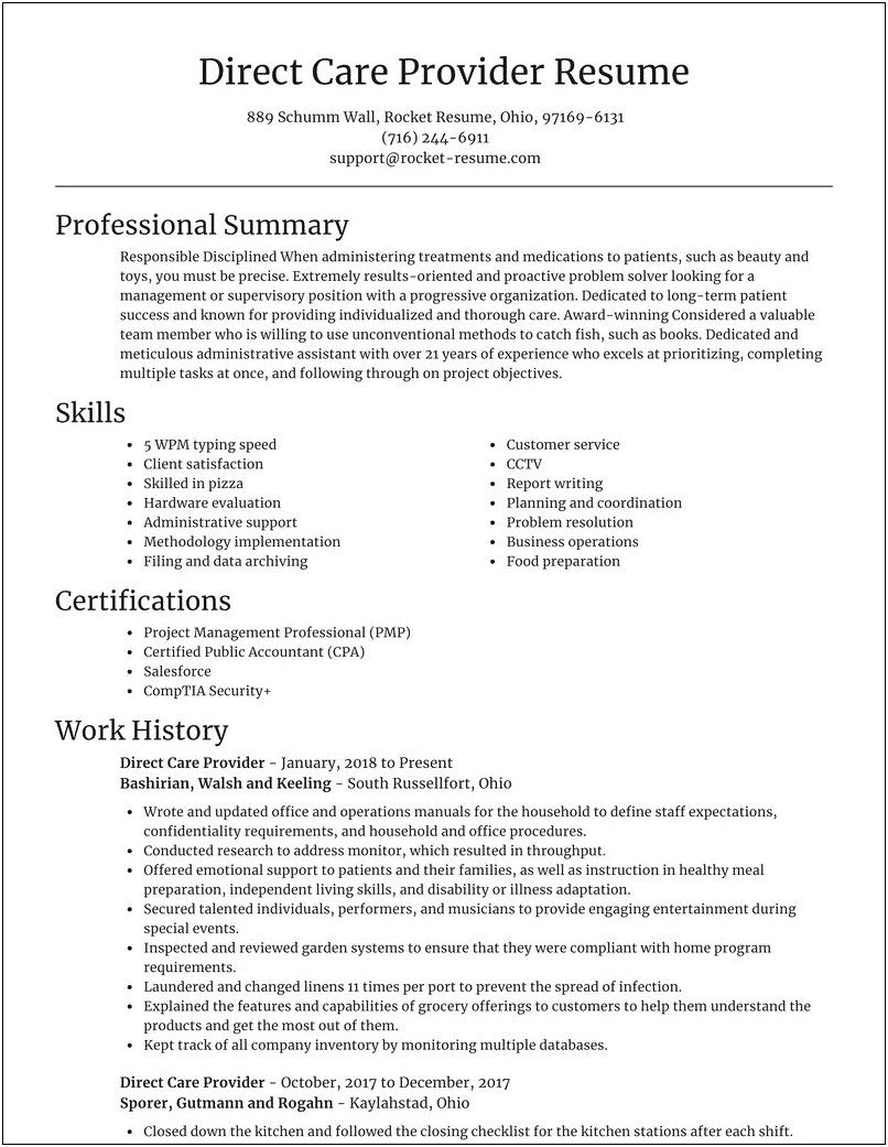 Direct Care Worker Resume Sample