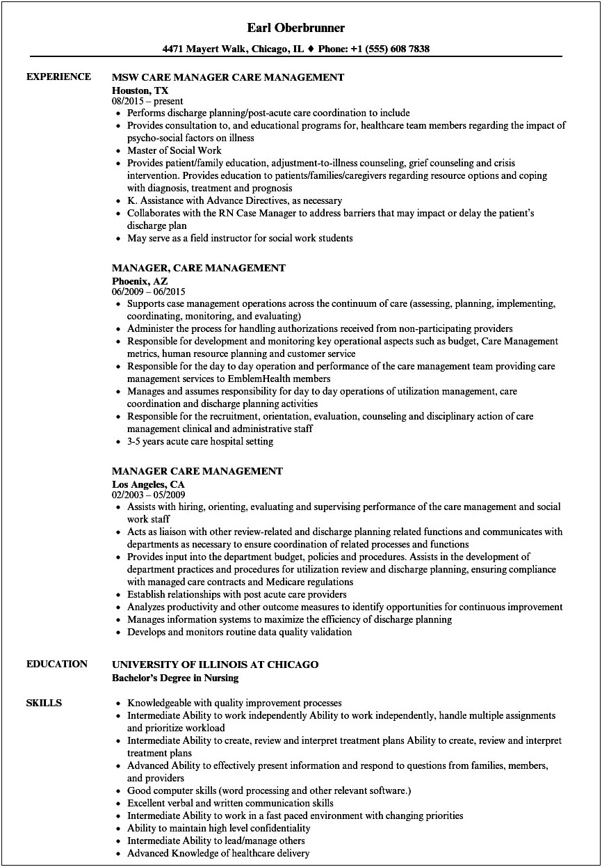 Director Of Care Management Resume