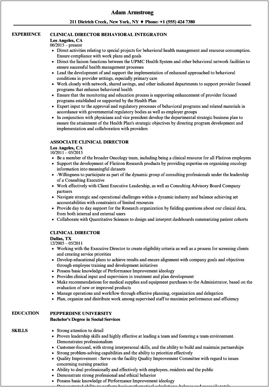 Director Of Clinical Services Resume Example