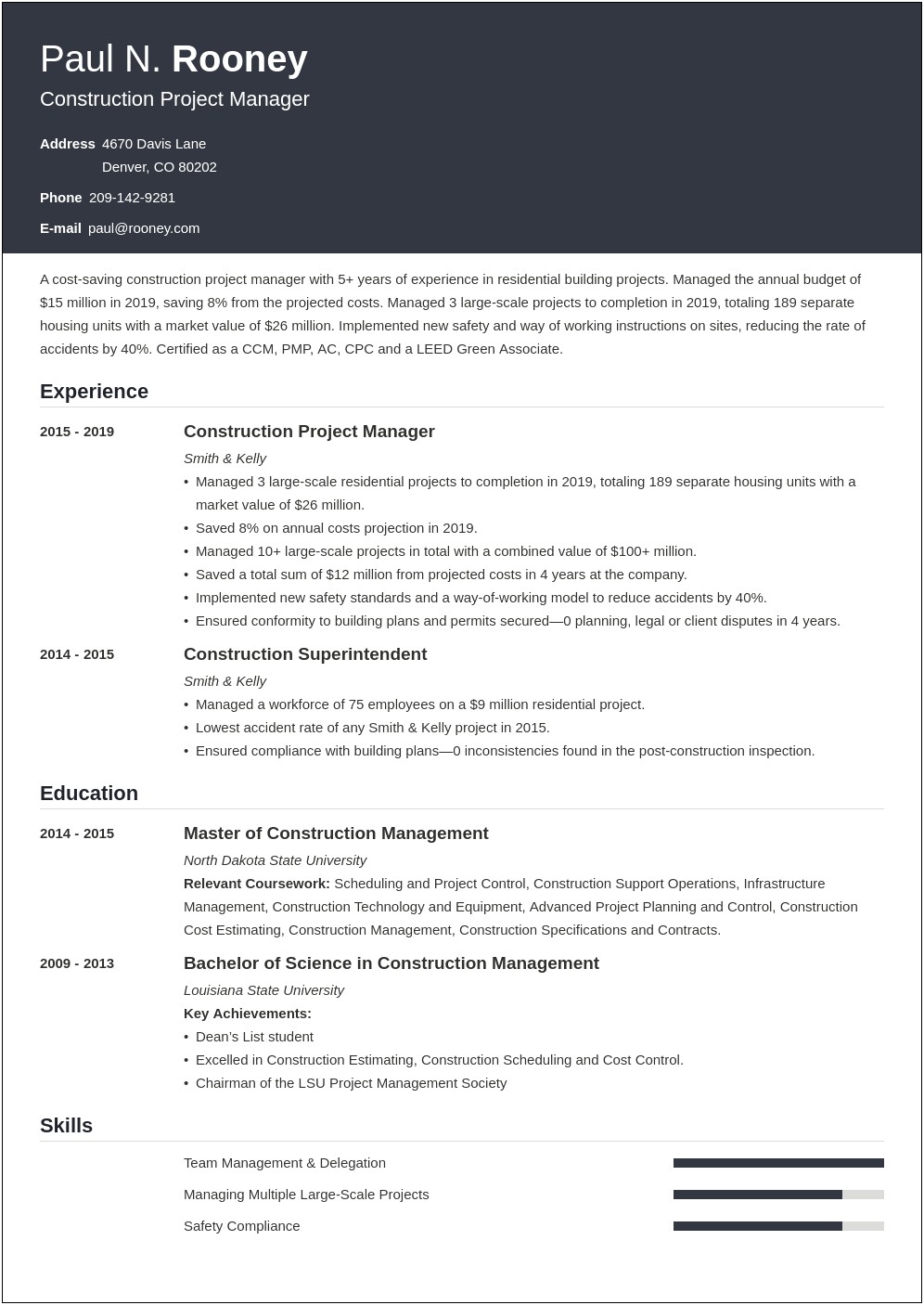 Director Of Construction Resume Example