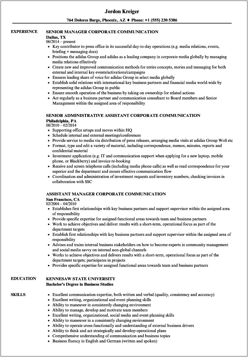 Director Of Corporate Communications Resume Examples