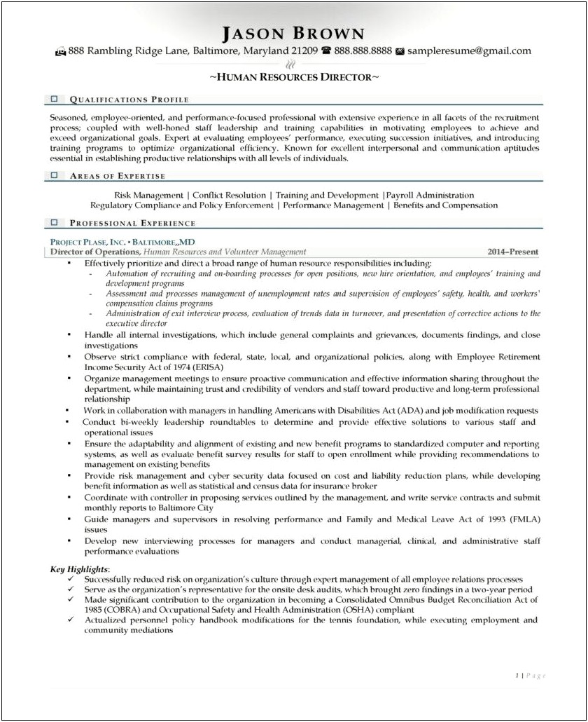 Director Of Human Resources Resume Examples