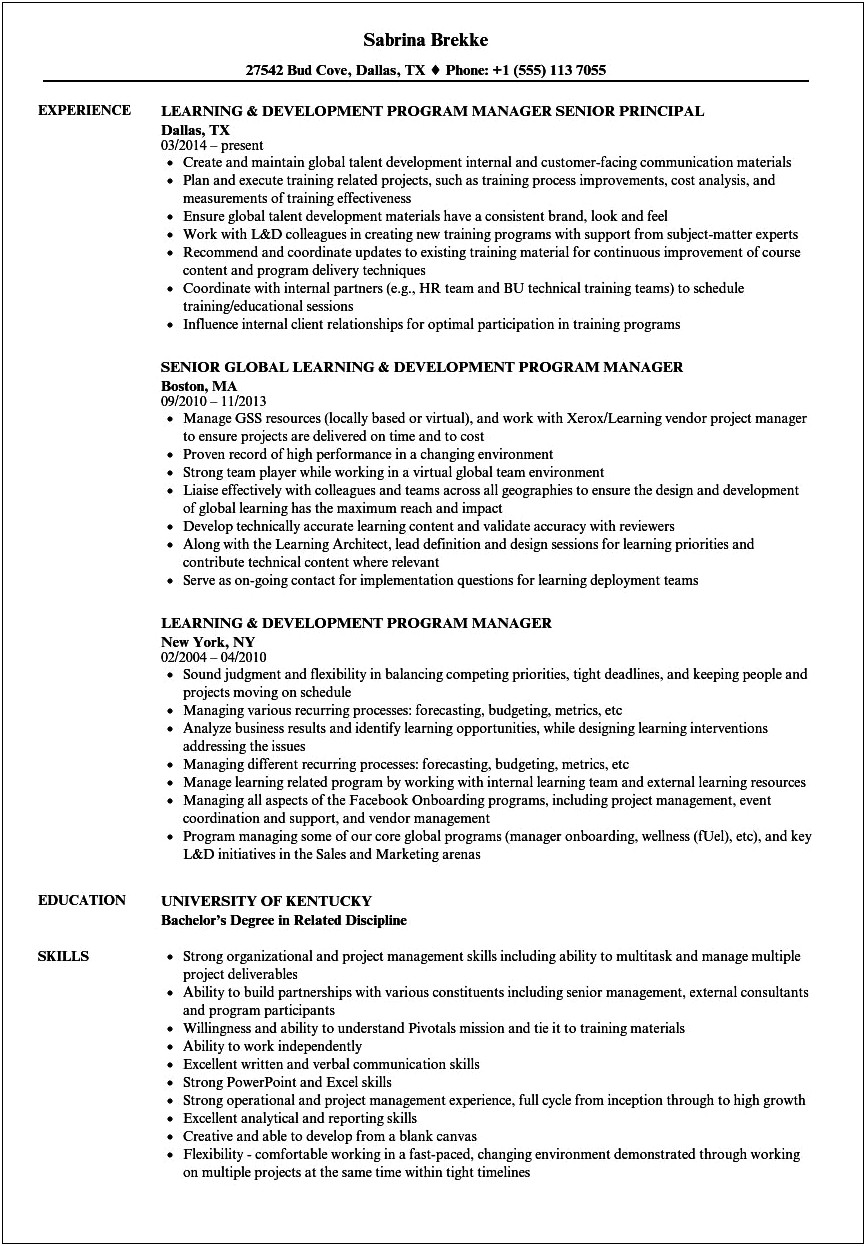 Director Of Learning Of Performance Resume Sample