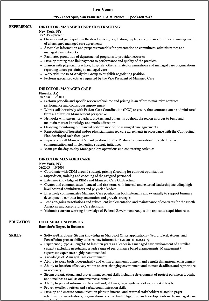 Director Of Managed Care Resume