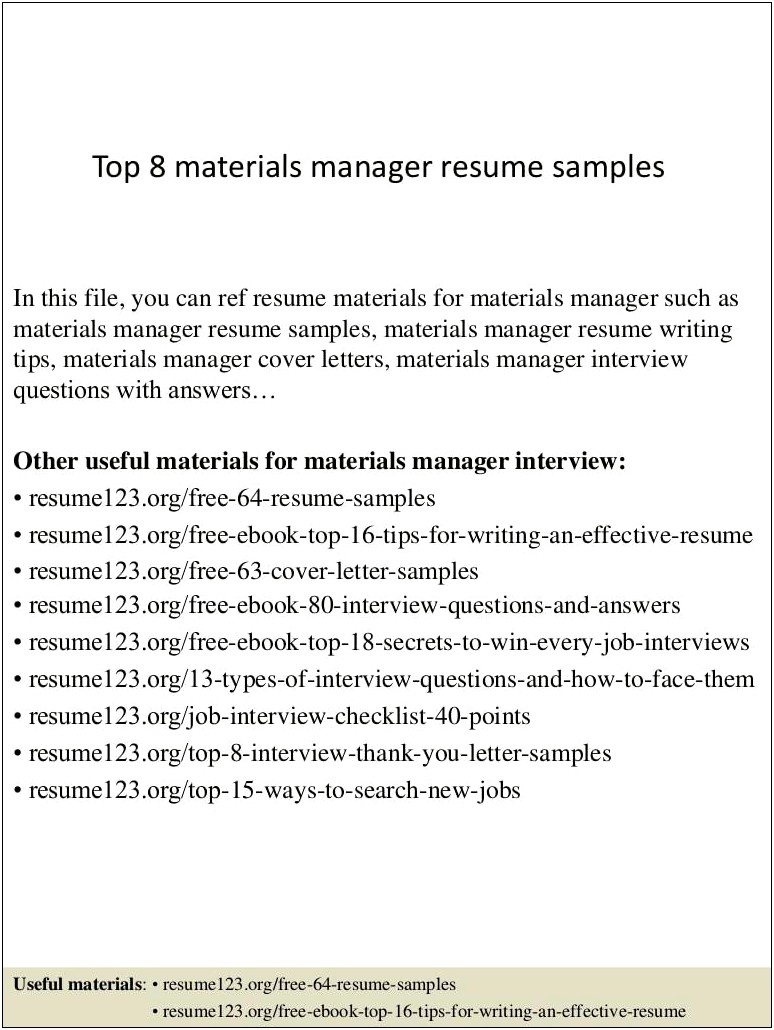Director Of Materials Management Resume