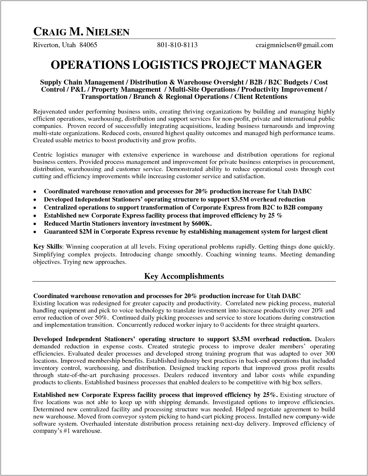 Director Of Operations Logistics Sample Resume
