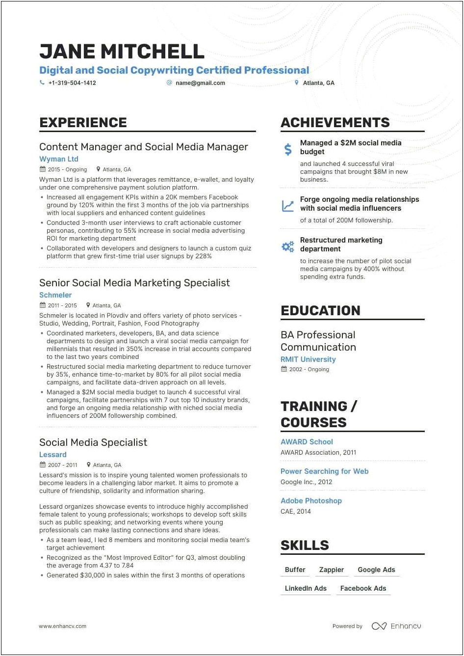 Director Of Photography & Media Manager On A Resume