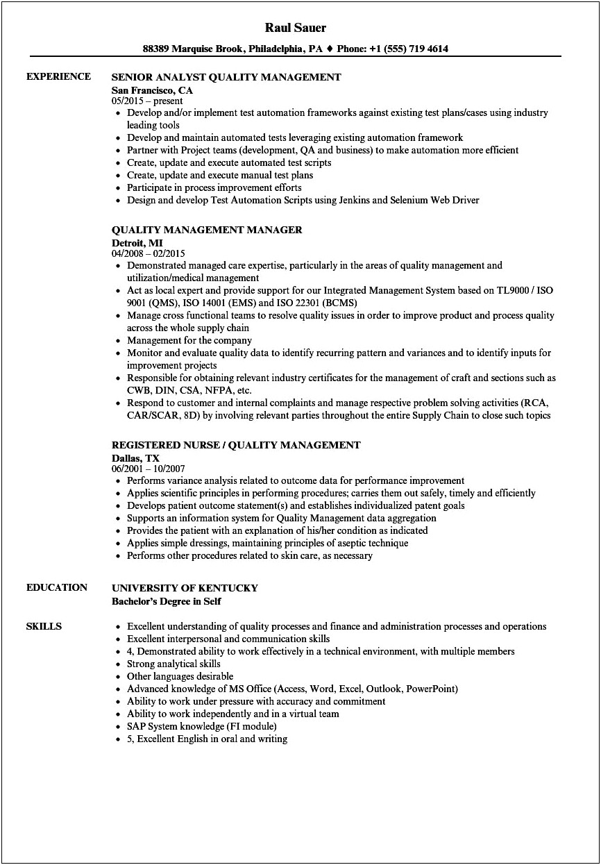 Director Of Quality Management Resume
