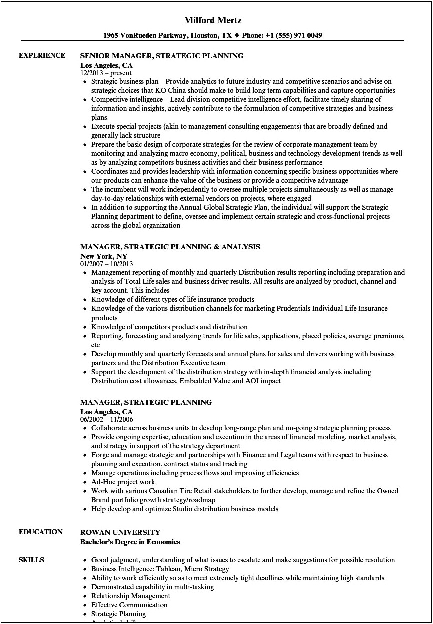 Director Of Strategic Planning Resume Examples