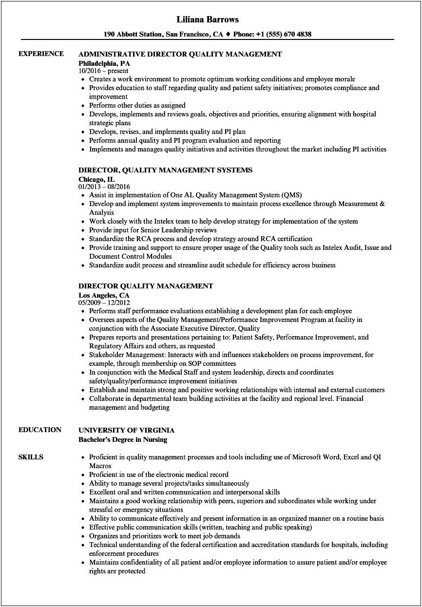 Director Quality Management Psychiatric Center Resume