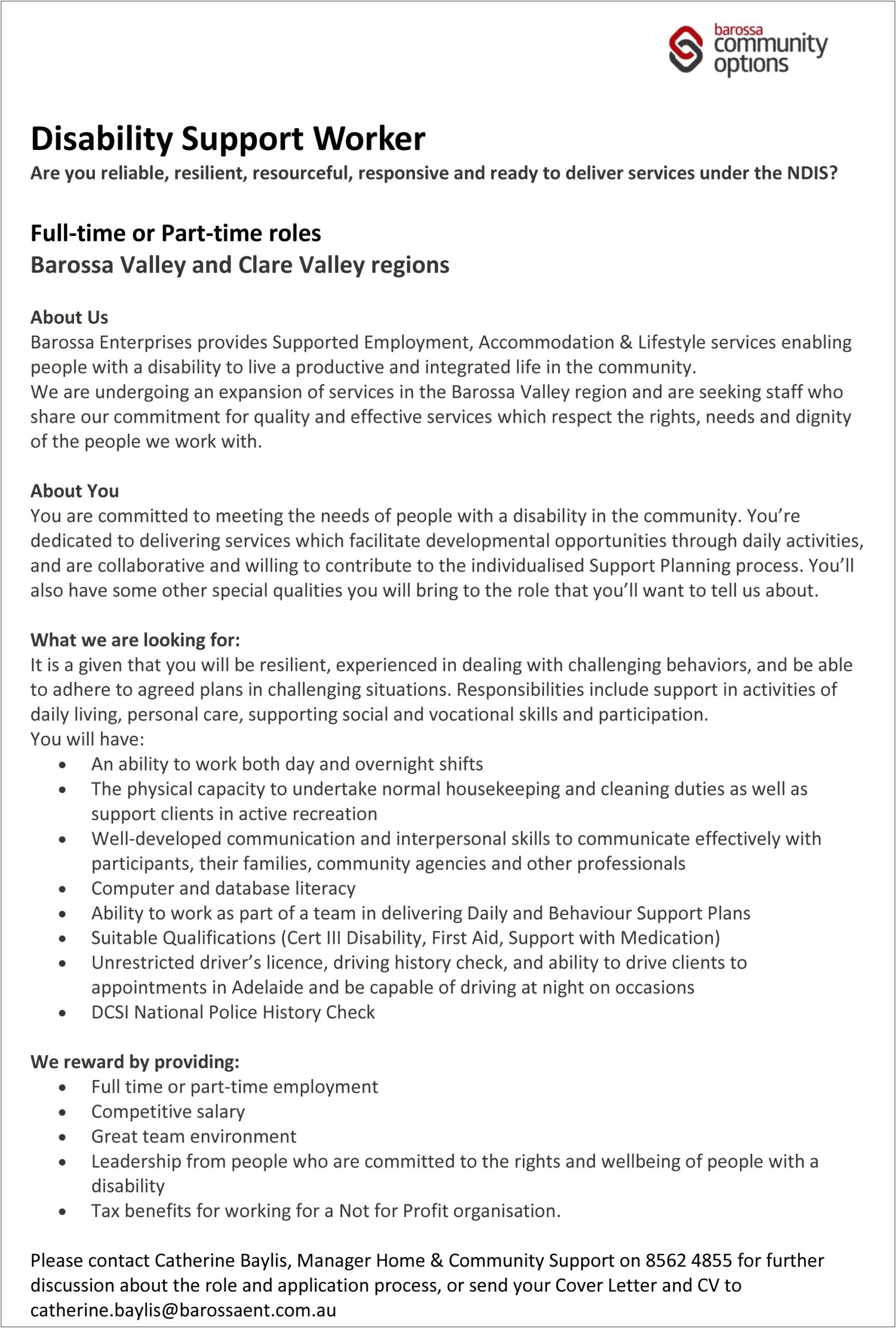 Disability Support Worker Resume Cover Letter Australia