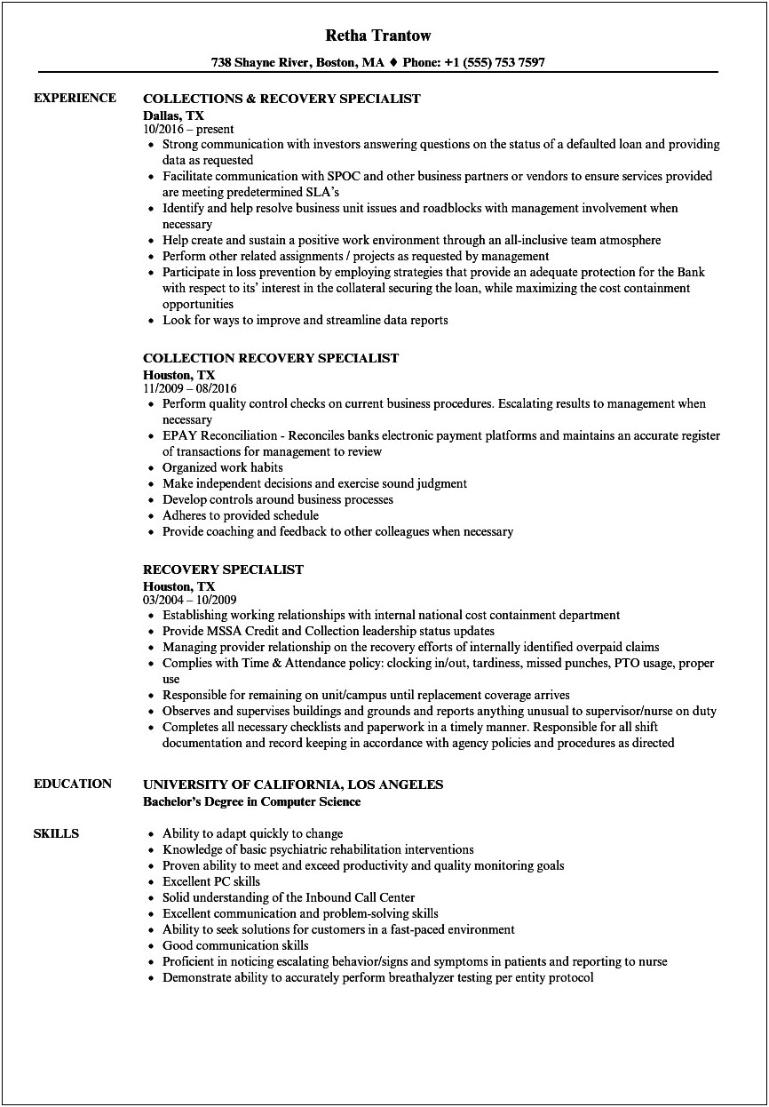 Disaster Recovery Specialist Resume Sample