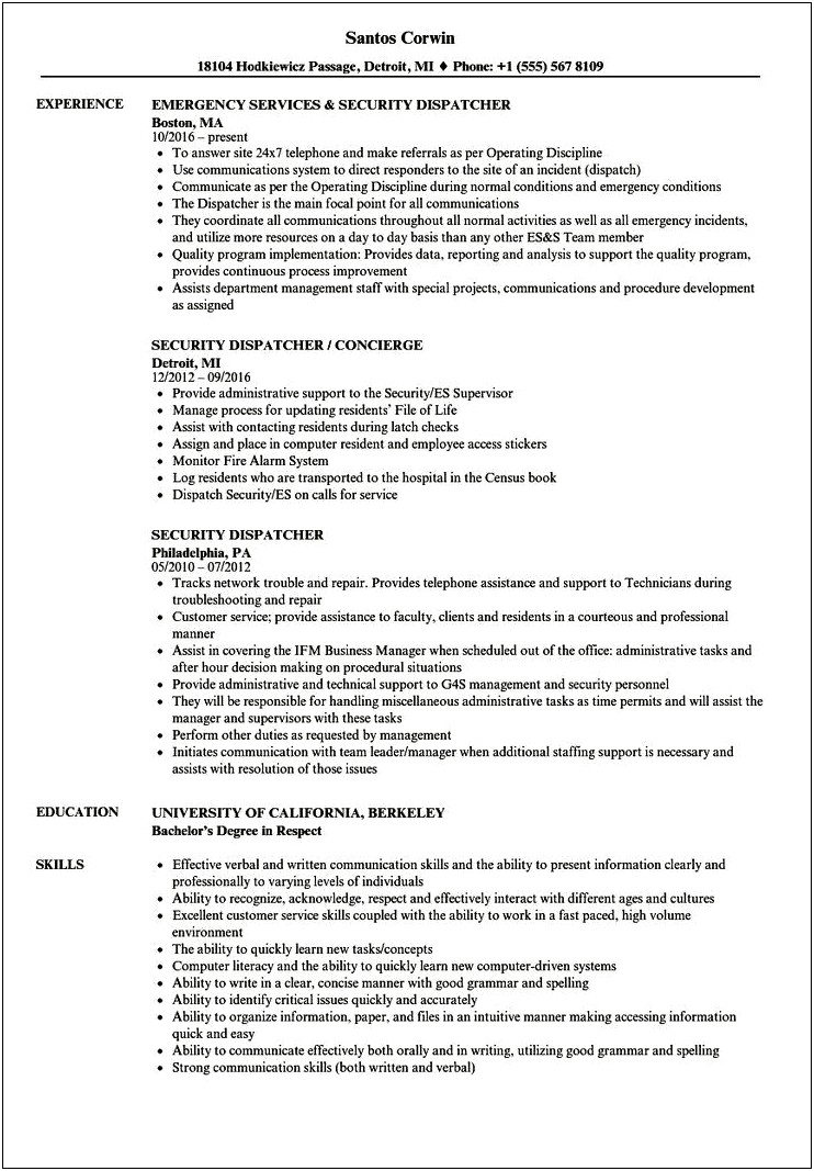 Dispatch Manager Job Description Resume