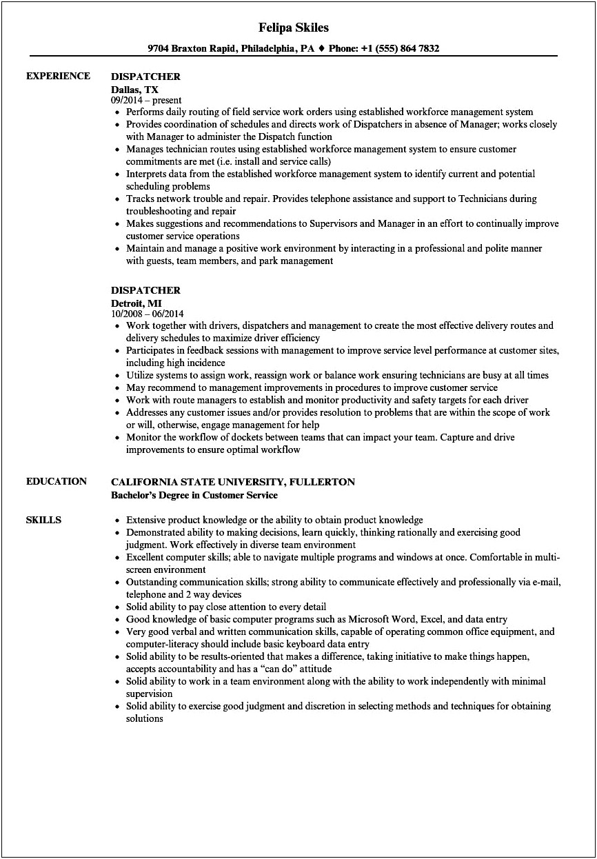 Dispatcher Resume Objectives Resume Sample