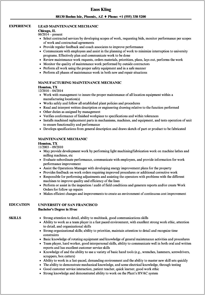 Distribution Center Maintenance Technician Summary For Resume