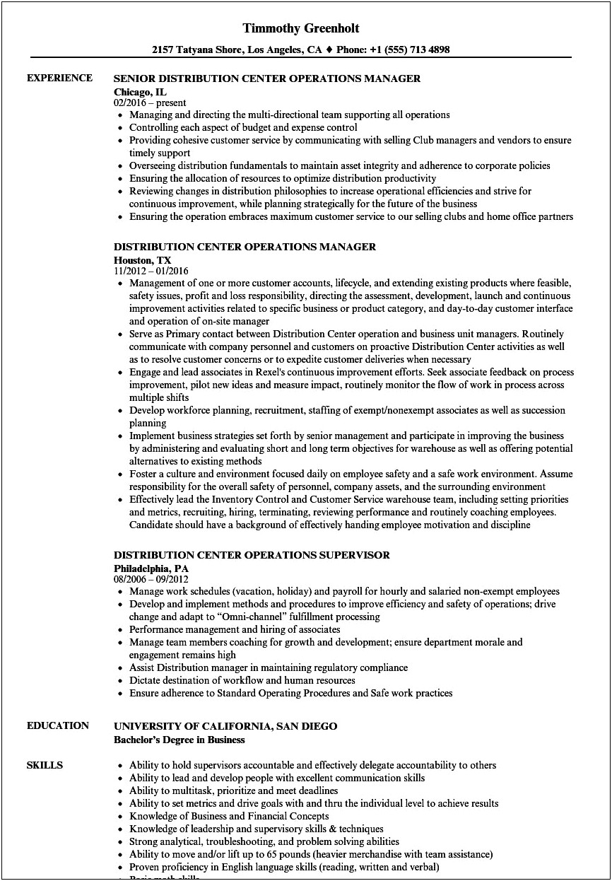 Distribution Center Operations Manager Resume