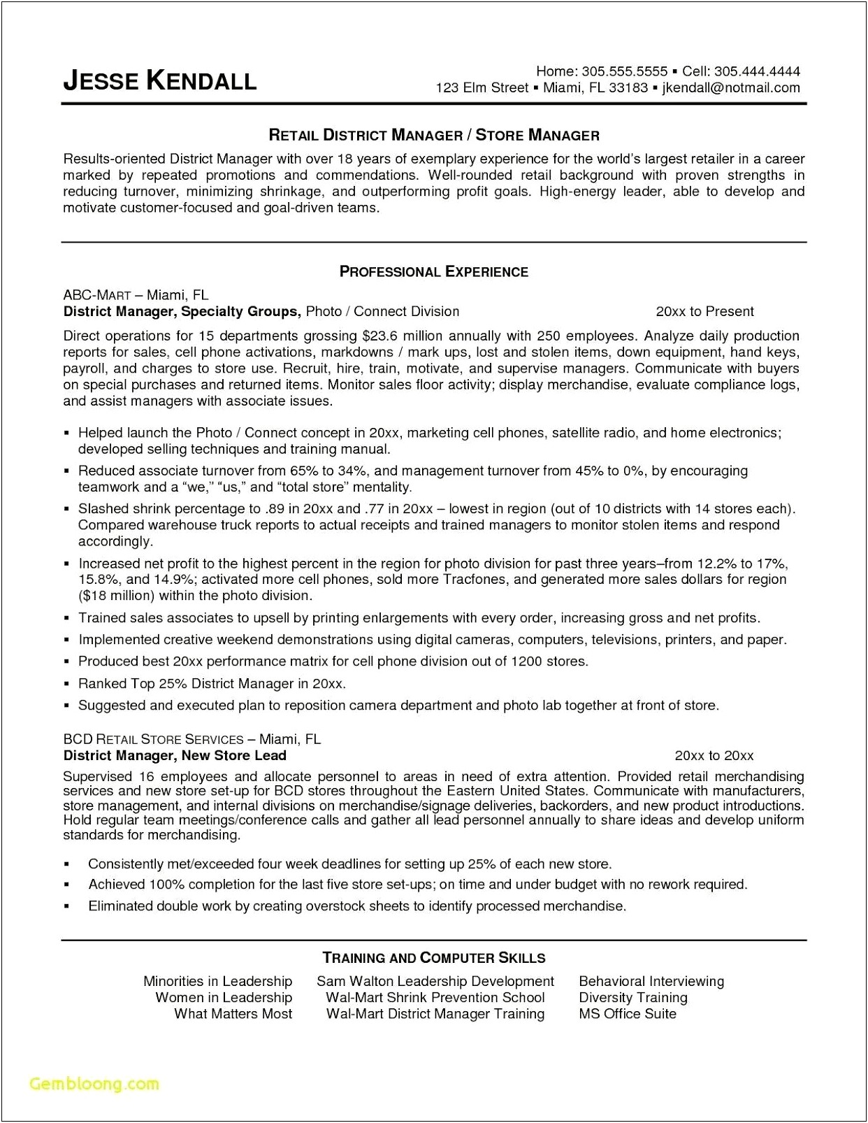 District Manager Duties For Resume